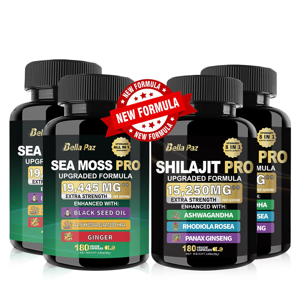 Bellapaz Vitality Bundle: Upgraded Formula-Sea Moss, Shilajit,Black Seed Oil, Ashwagandha,Ginger, Rhodiola,Ginseng-180 Count